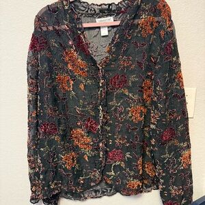 Coldwater Creek Velvet Burnout Floral Blouse Sheer Boho Top